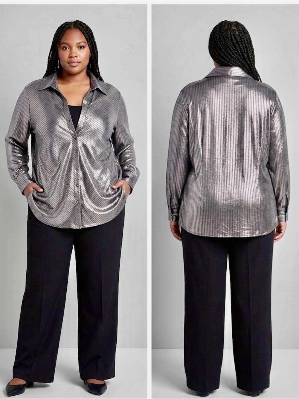 Plus-Size Silver Metallic Button-Down Shirt - Shiny Long Sleeve